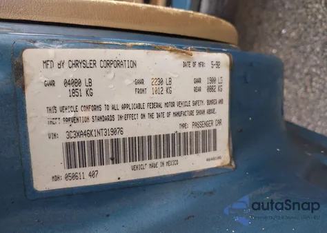 1992 Chrysler Lebaron A-Body z USA, uszkodzony, nr VIN 3C3XA46K1NT319076